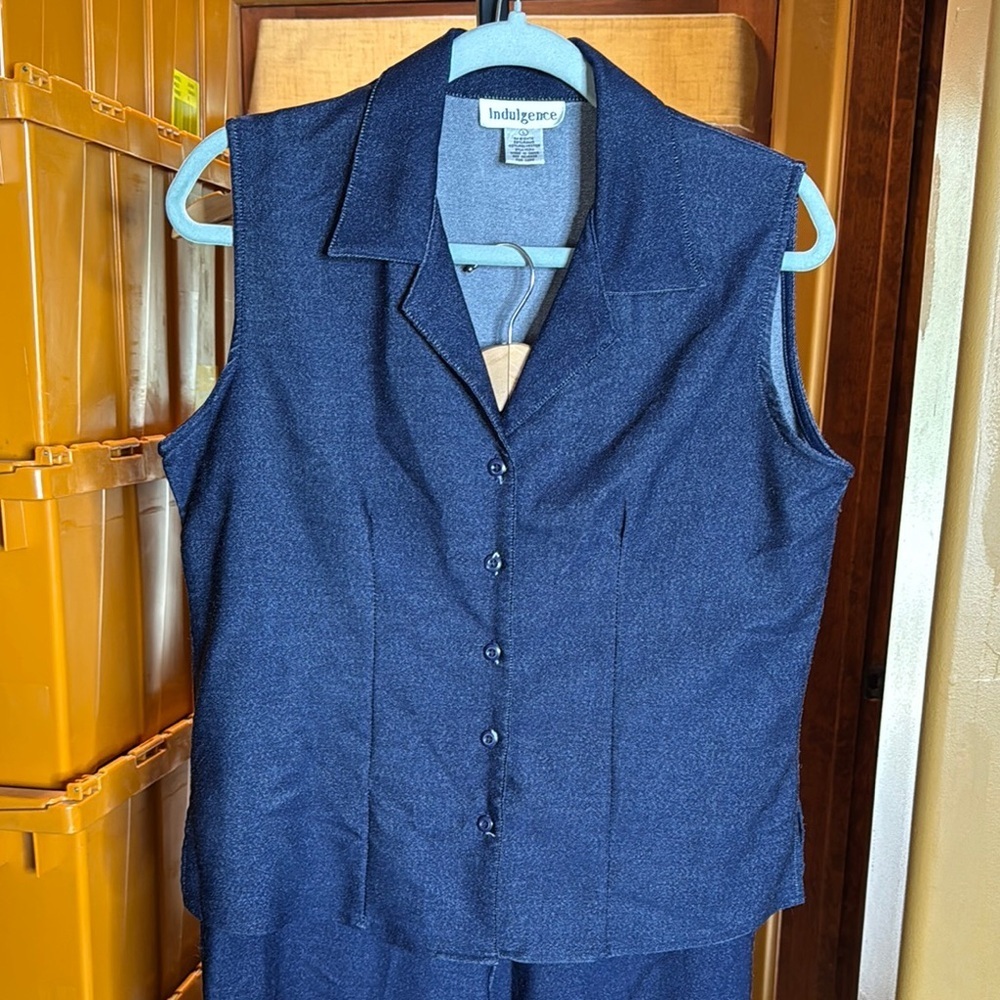 Vintage Indulgence Indigo Blue Jean Vest Pantsuit Size Large - Picture 4 of 13